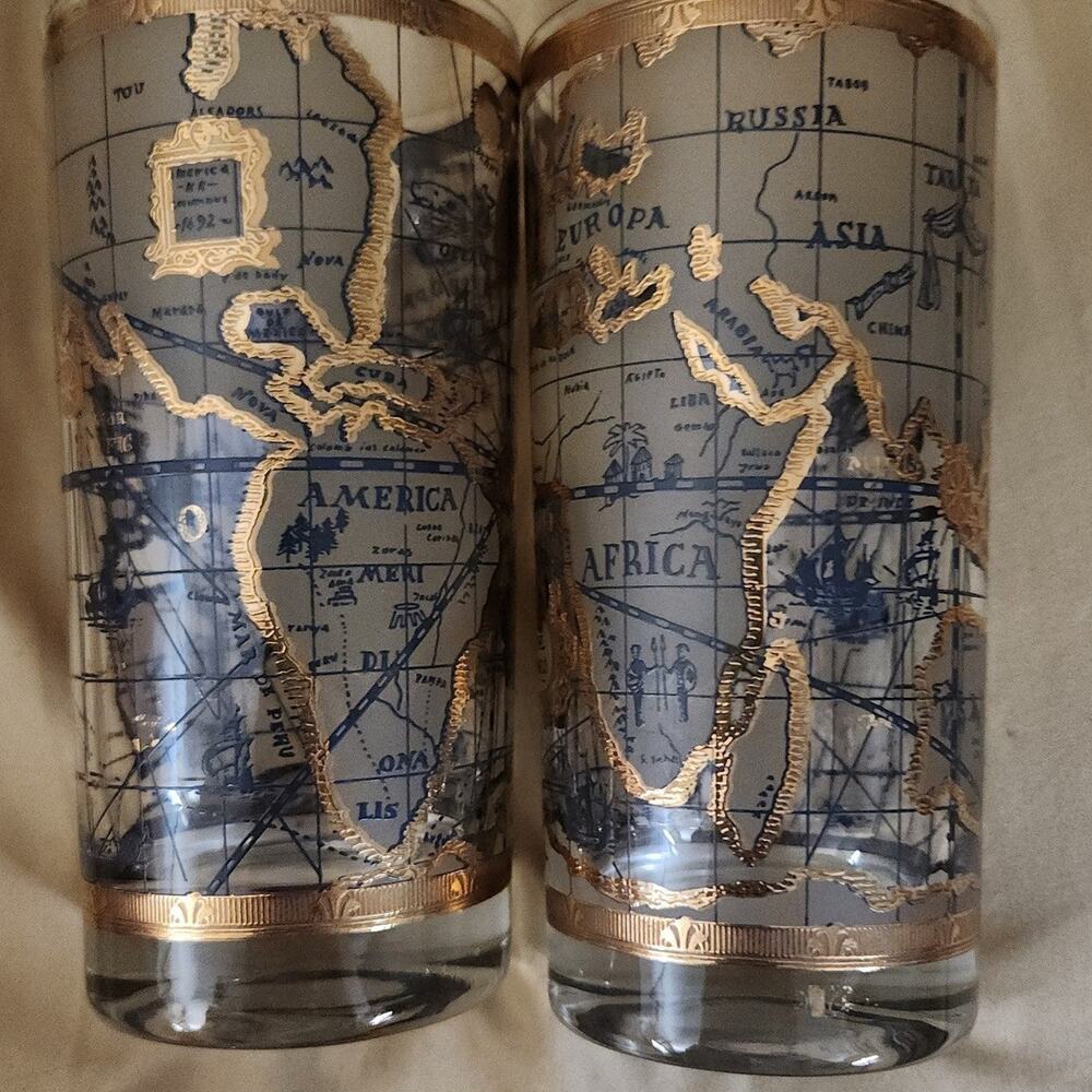 Vintage Cera highball glassware old world map